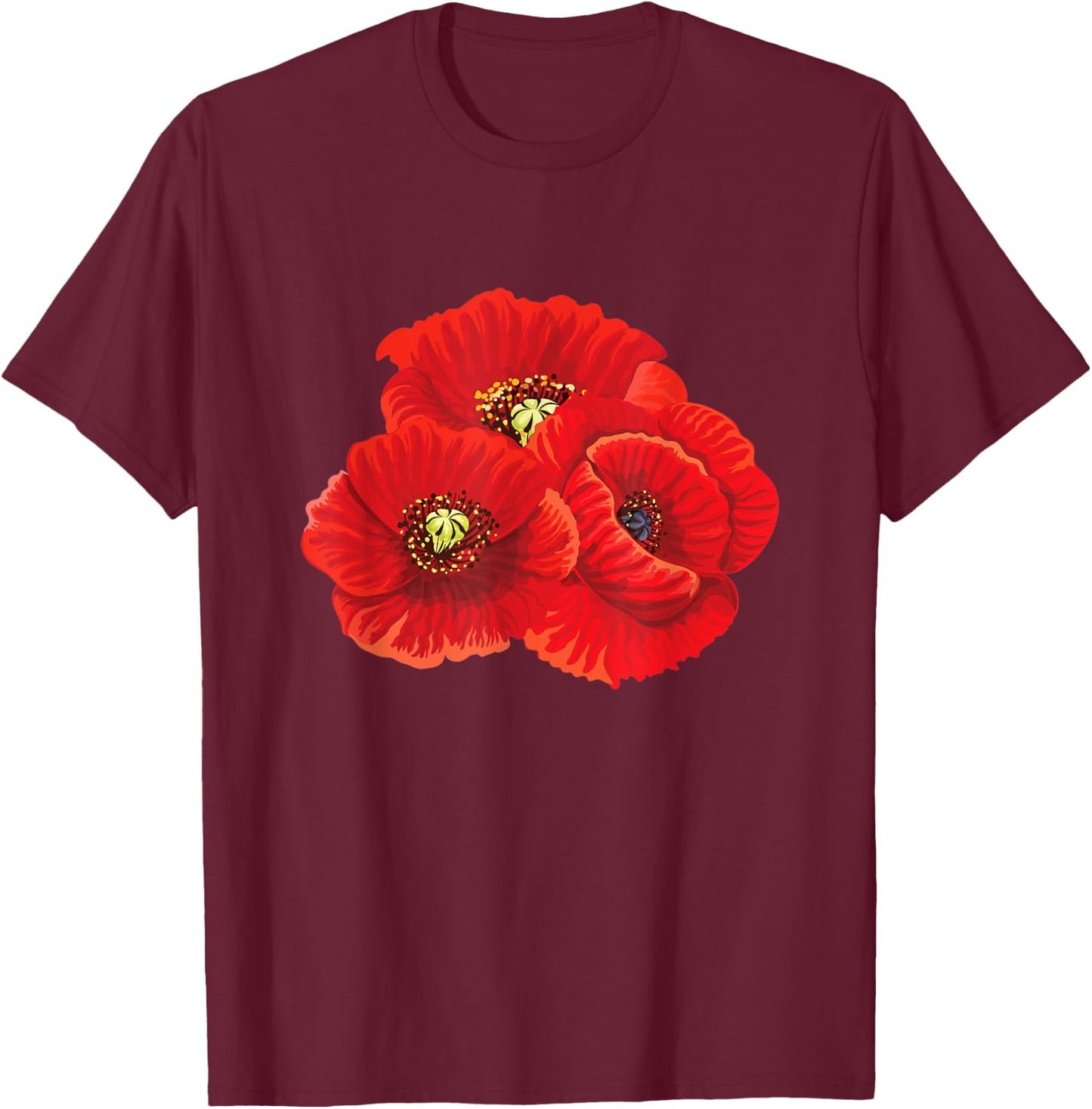 Poppy Flower Flowers Flora Nature Blossom Poppies Floral T-Shirt - T-Shirt | Maroon