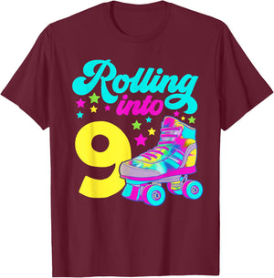 Rolling into 9 Girls 9th Birthday Roller Skates T-Shirt - T-Shirt | Maroon