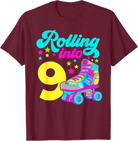 Rolling into 9 Girls 9th Birthday Roller Skates T-Shirt - T-Shirt | Maroon