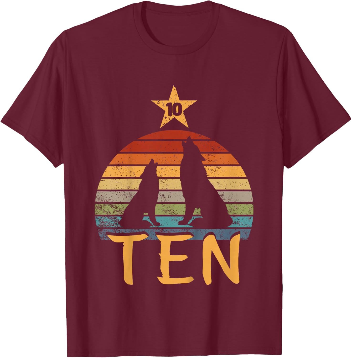 Wolf Birthday 10 Year Old Tenth Wolf 10th Birthday Boy Girl T-Shirt - T-Shirt | Maroon
