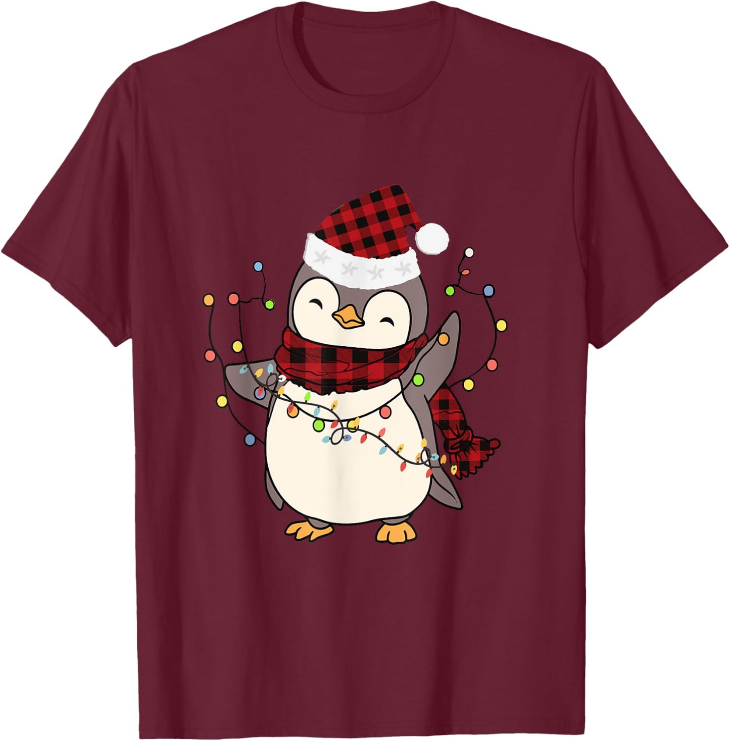 Penguin Santa Lights Christmas Pajamas Cute Penguins Xmas T-Shirt - T-Shirt | Maroon
