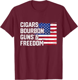 Cigars Bourbon Guns and Freedom Lover American Usa Flag T-Shirt - T-Shirt | Maroon