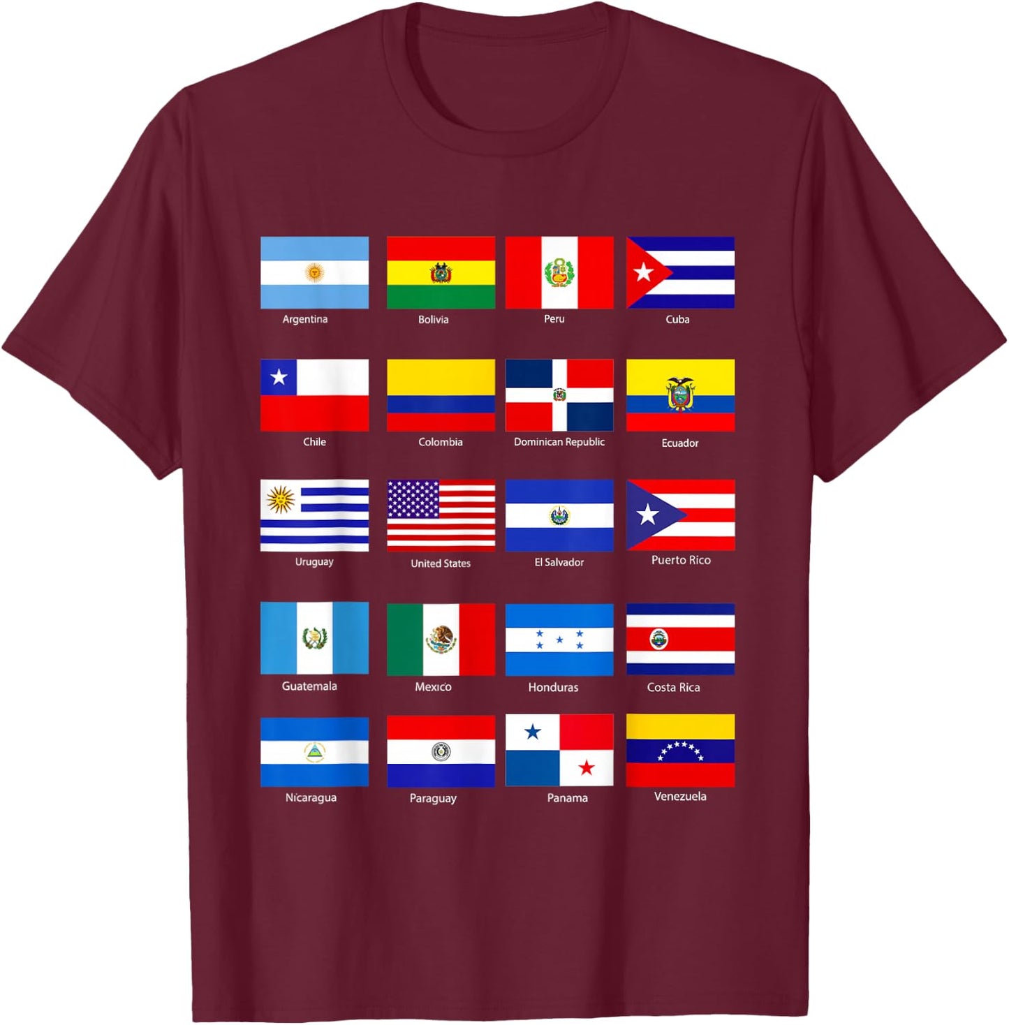 All Latin American Flags Countries Hispanic Heritage Month T-Shirt - T-Shirt | Maroon