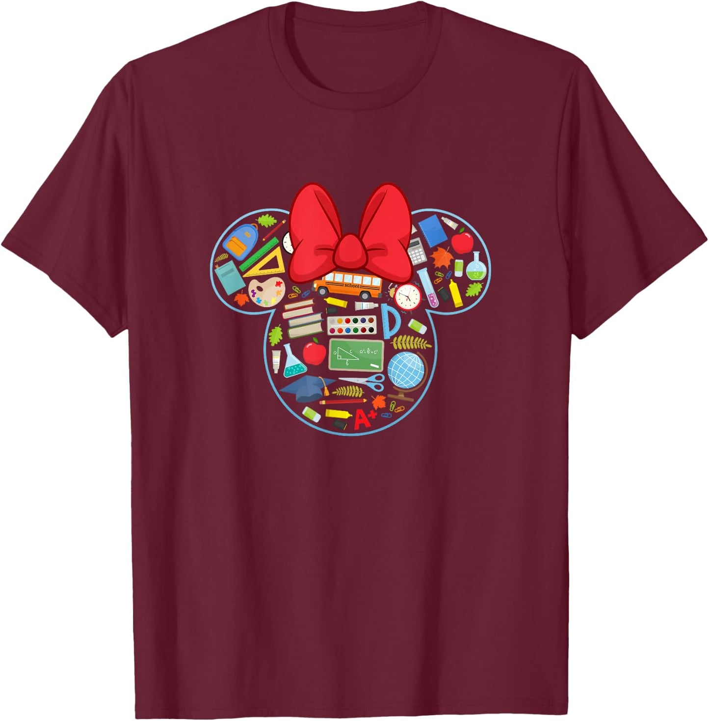 Disney Minnie Mouse Back to School Supplies Face Outline T-Shirt - T-Shirt | Maroon