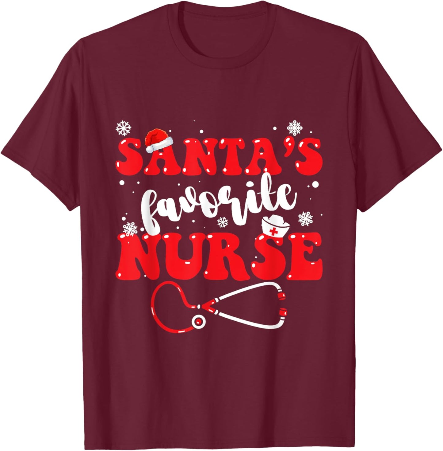 Santa's Favorite Nurse Christmas T-Shirt - T-Shirt | Maroon