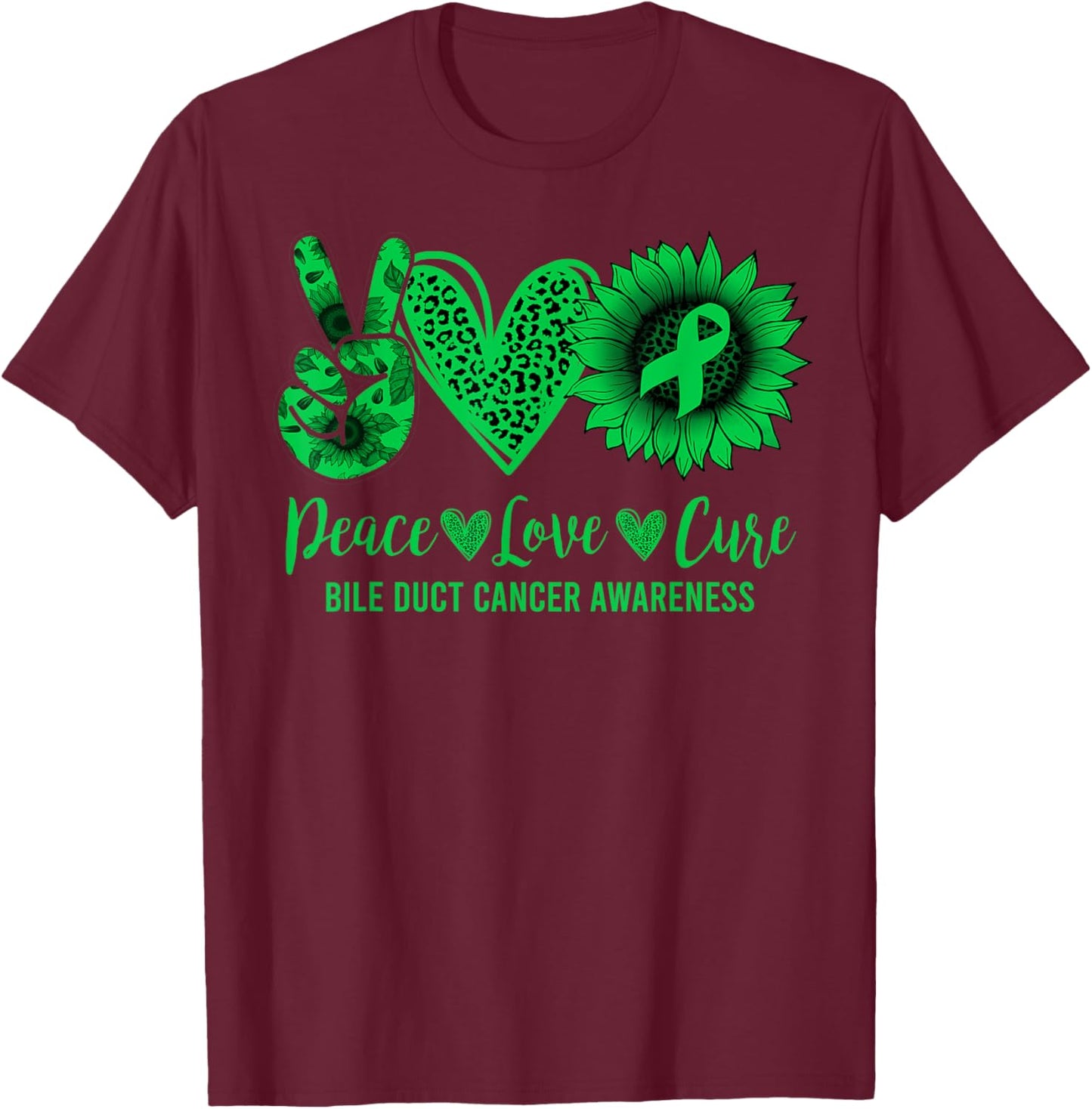 Peace Love Cure Sunflower Bile Duct Cancer Awareness Warrior T-Shirt - T-Shirt | Maroon