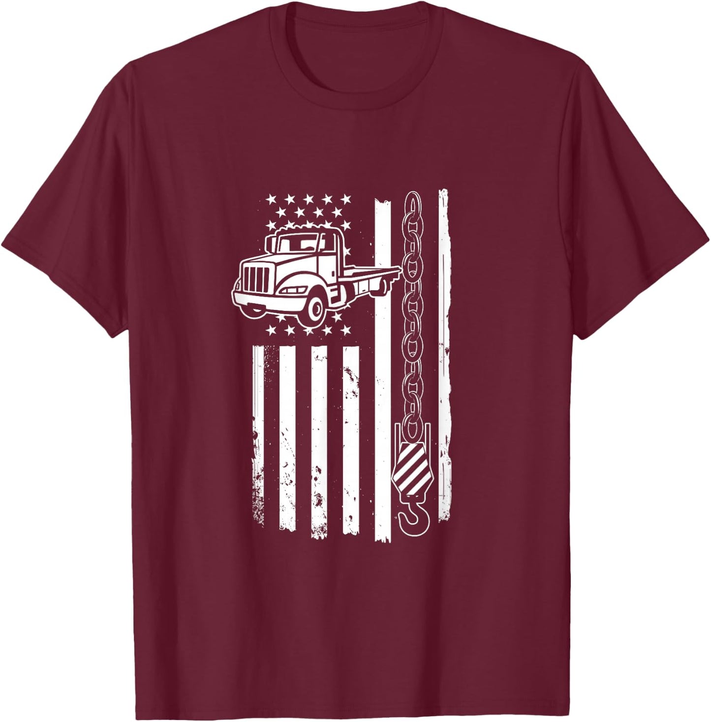 Tow Truck with US Flag | Breakdown Car | Wrecker Driver T-Shirt - T-Shirt | Maroon