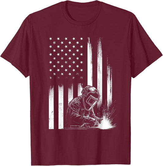 Welder American Flag Patriotic Welding Men Welder USA Flag T-Shirt - T-Shirt | Maroon
