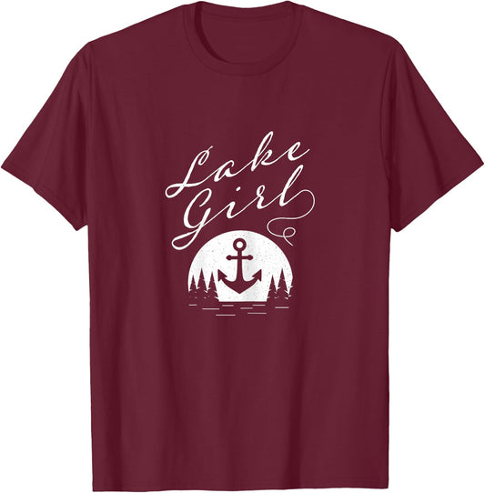 Lake Girl Lakeside Outdoor Nature with Water Trees Anchor T-Shirt - T-Shirt | Maroon