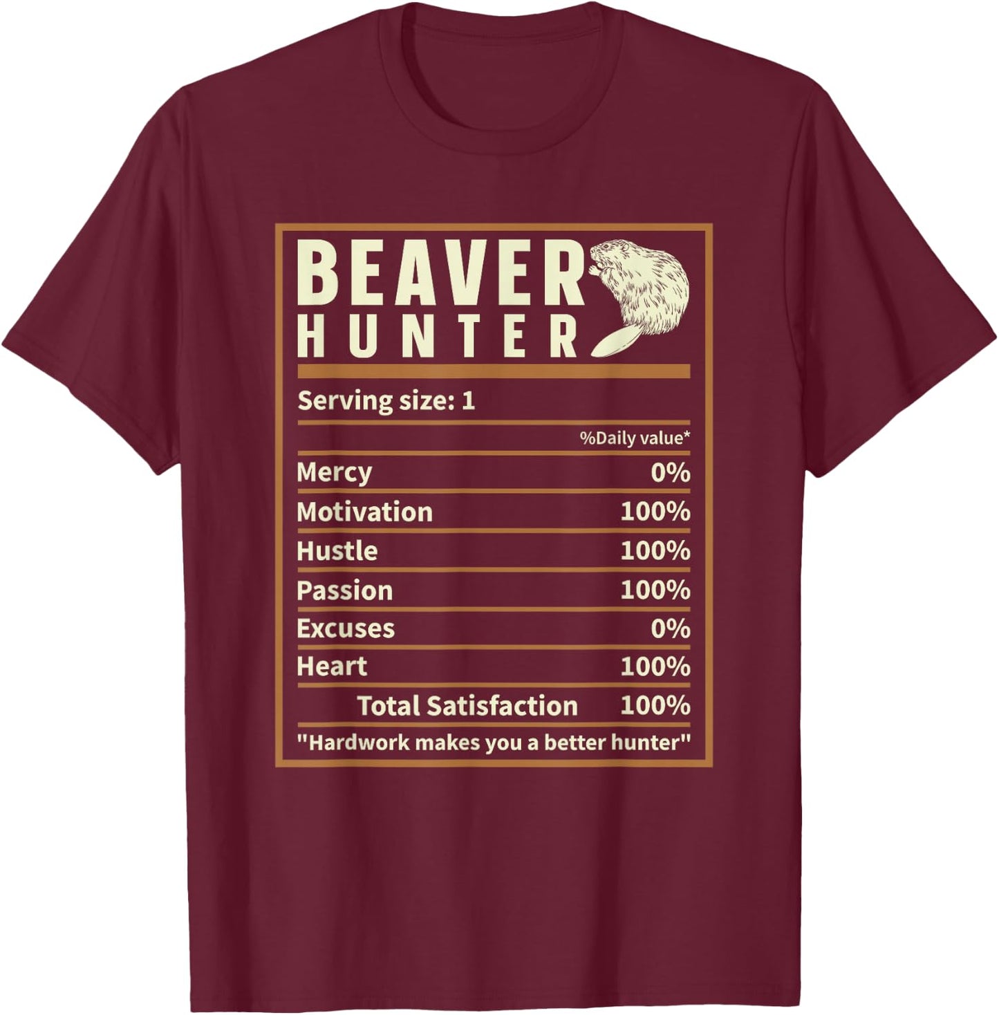 Beaver Hunting Nutrition Facts, Funny Beaver Hunter T-Shirt - T-Shirt | Maroon