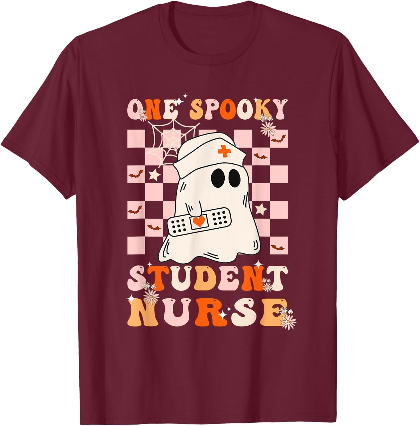 Groovy One Spooky Student Nurse Ghost Halloween Nursing T-Shirt - T-Shirt | Maroon