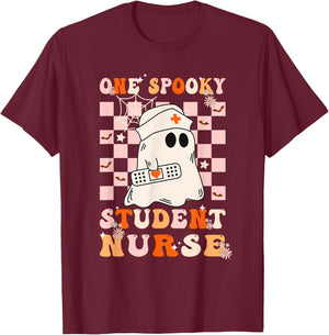 Groovy One Spooky Student Nurse Ghost Halloween Nursing T-Shirt - T-Shirt | Maroon