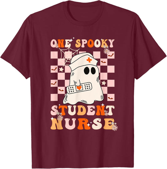 Groovy One Spooky Student Nurse Ghost Halloween Nursing T-Shirt - T-Shirt | Maroon