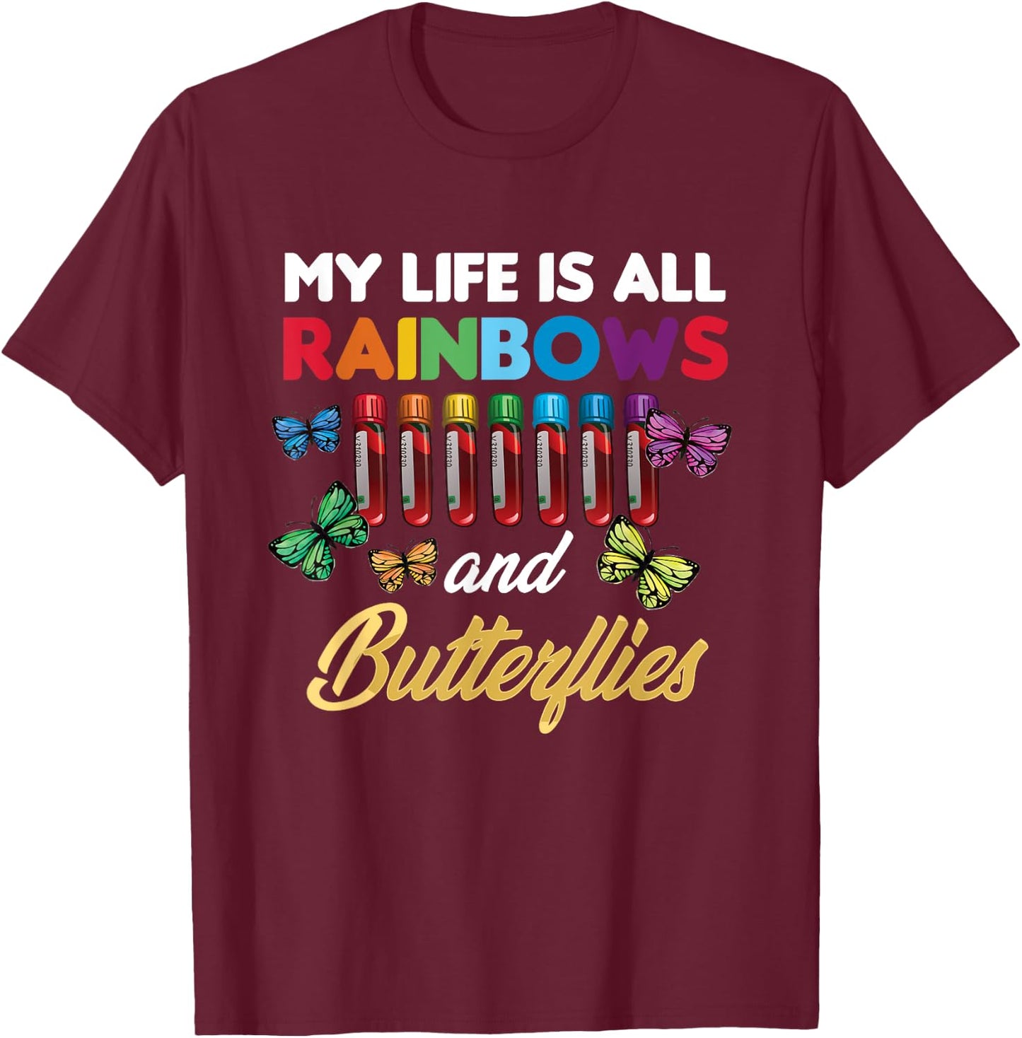 Reaction Glass Butterfly Rainbow Phlebotomist Laboratory T-Shirt - T-Shirt | Maroon