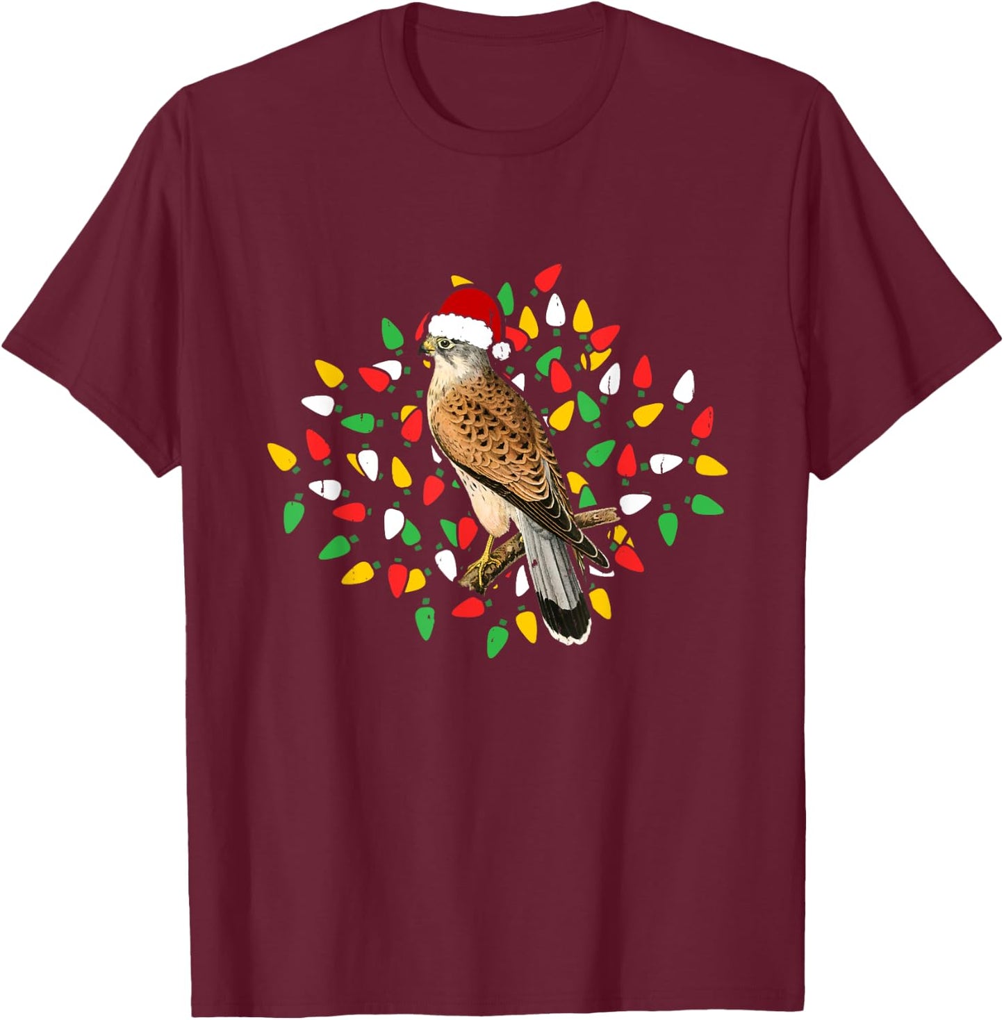 Holiday Xmas Lighting Santa Hat Red Shouldered Hawk Bird T-Shirt - T-Shirt | Maroon