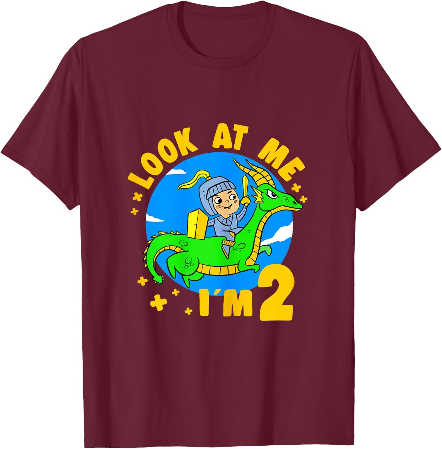 2 Years Old Birthday Boy Dragon & Knight - 2nd B-Day Party T-Shirt - T-Shirt | Maroon