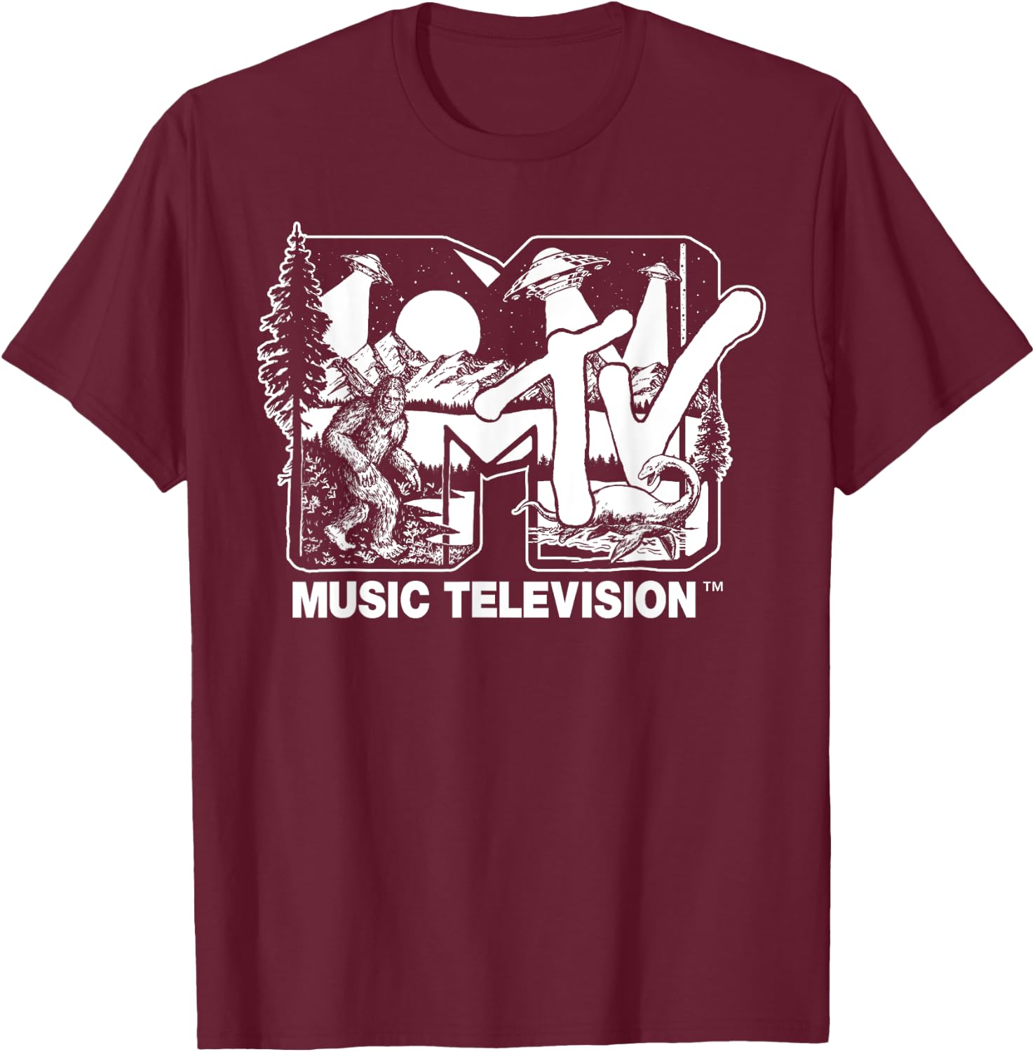 Mademark x MTV - Cryptid-Filled MTV Logo Feat. Bigfoot, UFO, & Nessie Sketch T-Shirt - T-Shirt | Maroon