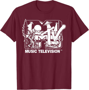 Mademark x MTV - Cryptid-Filled MTV Logo Feat. Bigfoot, UFO, & Nessie Sketch T-Shirt - T-Shirt | Maroon