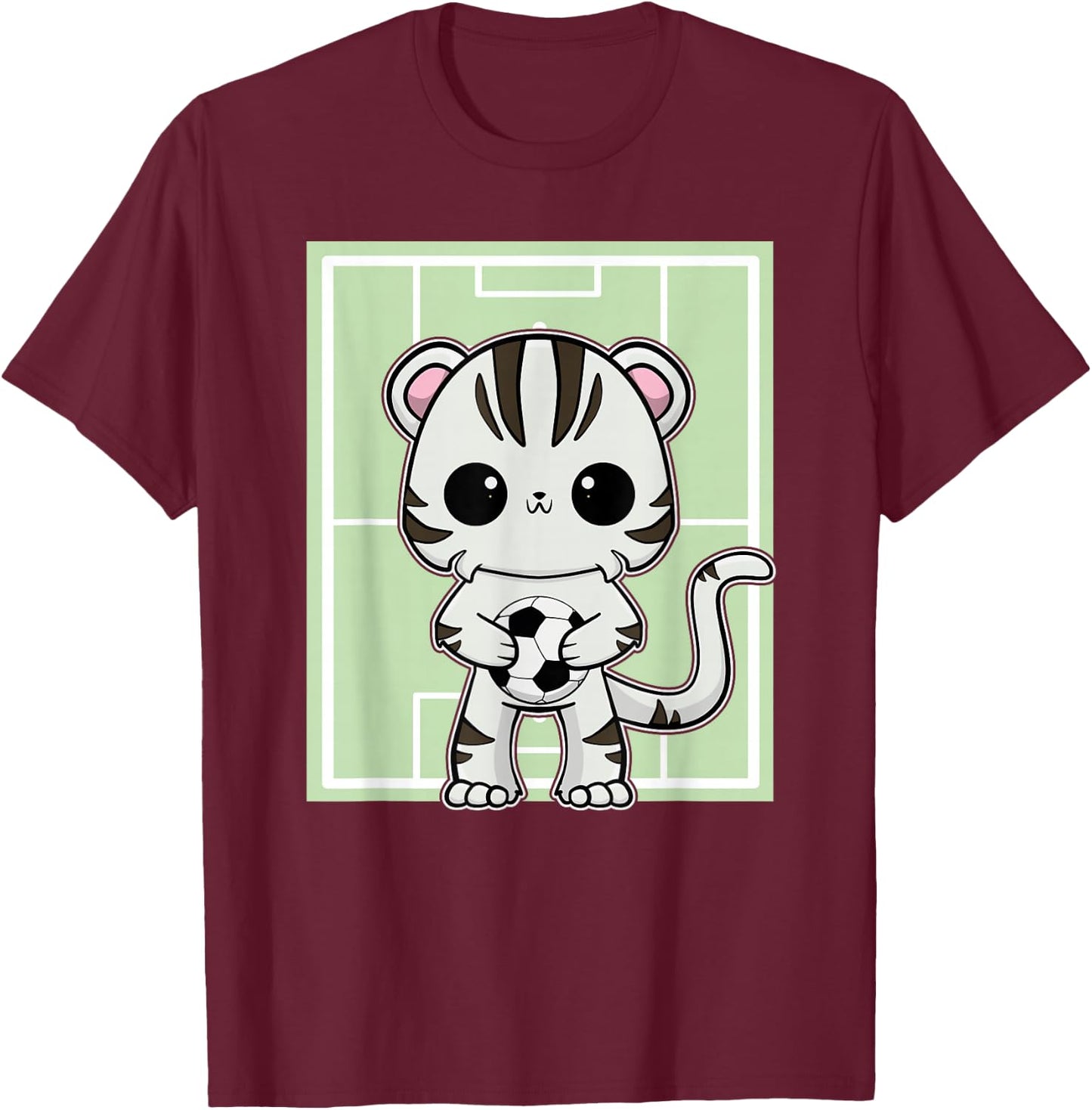 White Tiger Anime Cat Soccer Player T-Shirt - T-Shirt | Maroon