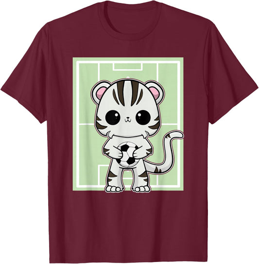 White Tiger Anime Cat Soccer Player T-Shirt - T-Shirt | Maroon