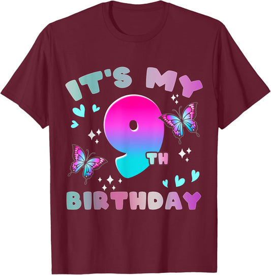 It's My 9th Birthday Butterfly 9 Years Old Butterflies Kid T-Shirt - T-Shirt | Maroon