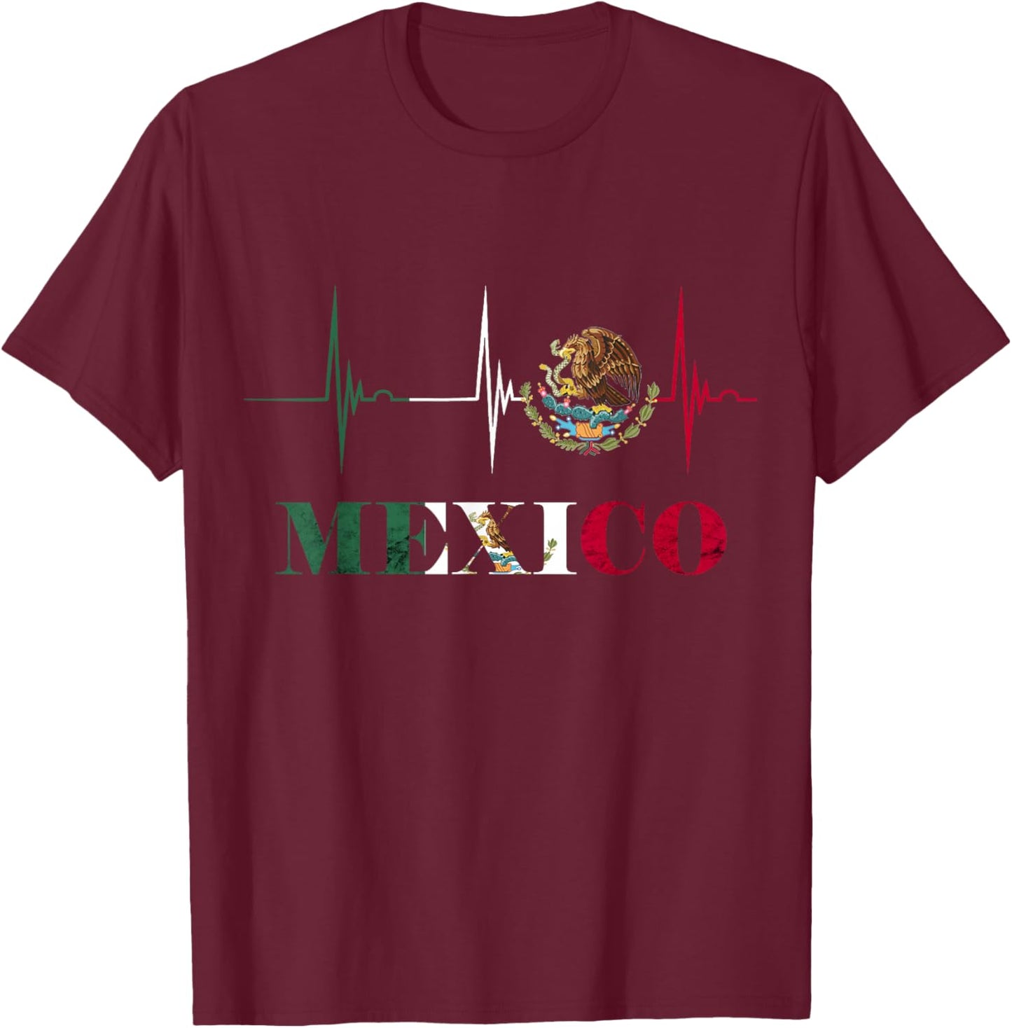 Heartbeat EKG Pulse Mexico Emblem Mexico Flag Mexican Pride T-Shirt - T-Shirt | Maroon