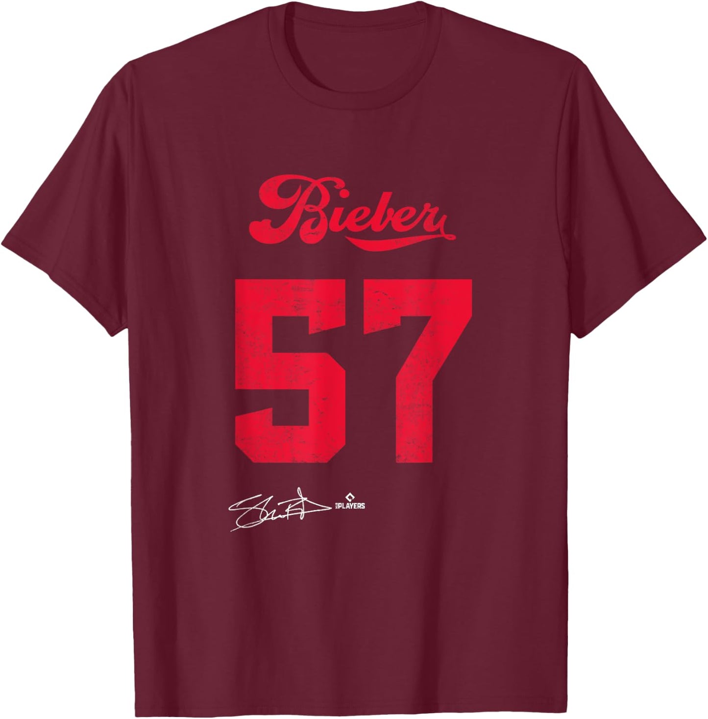 Shane Bieber 57 Shane Bieber Cleveland MLBPA T-Shirt - T-Shirt | Maroon