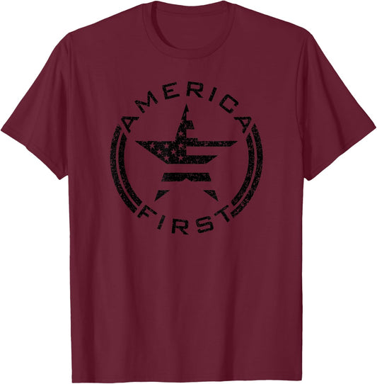 AMERICA FIRST 1ST USA FLAG AMERICAN STAR ROUNDEL PATRIOT Women Kids Men T-Shirt - T-Shirt | Maroon
