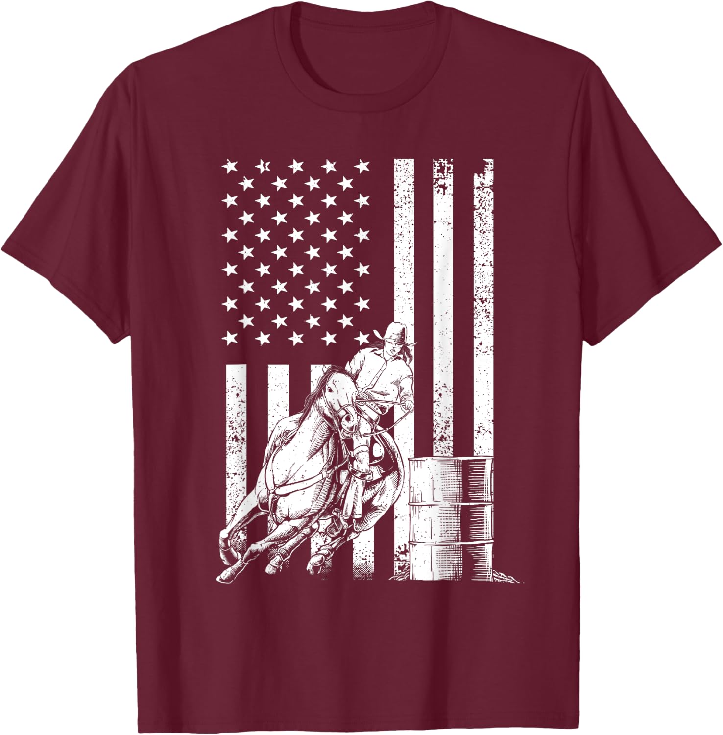 Funny Barrel Racing Design Women US Flag Rodeo Lover T-Shirt - T-Shirt | Maroon