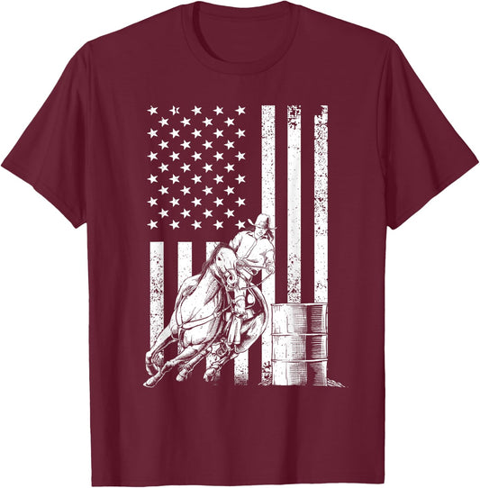 Funny Barrel Racing Design Women US Flag Rodeo Lover T-Shirt - T-Shirt | Maroon
