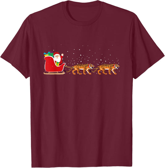 Tiger Santa Christmas Sleigh - Funny Tiger Xmas T-Shirt - T-Shirt | Maroon
