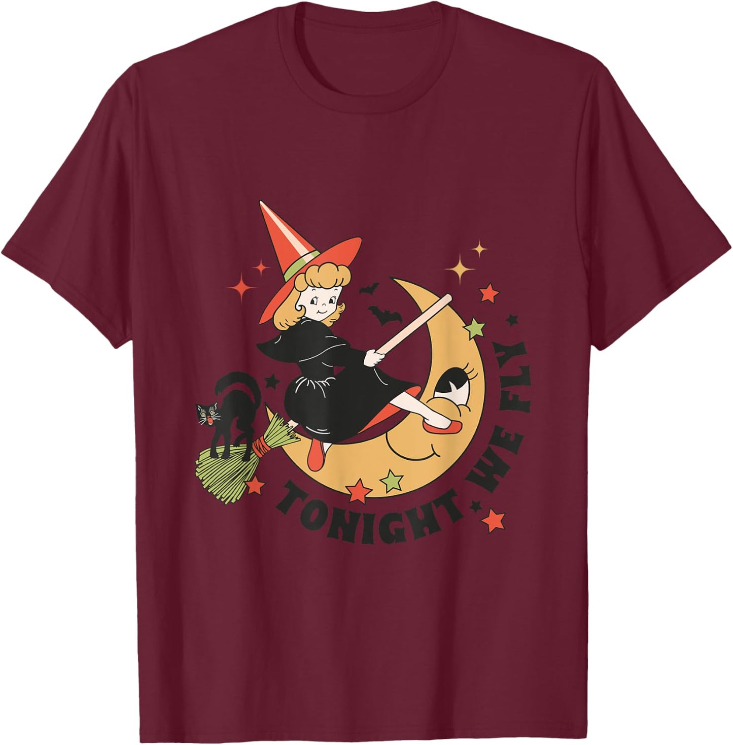 Vintage Tonight We Fly Witch On Broom Cat Retro Halloween Women Kids T-Shirt - T-Shirt | Maroon