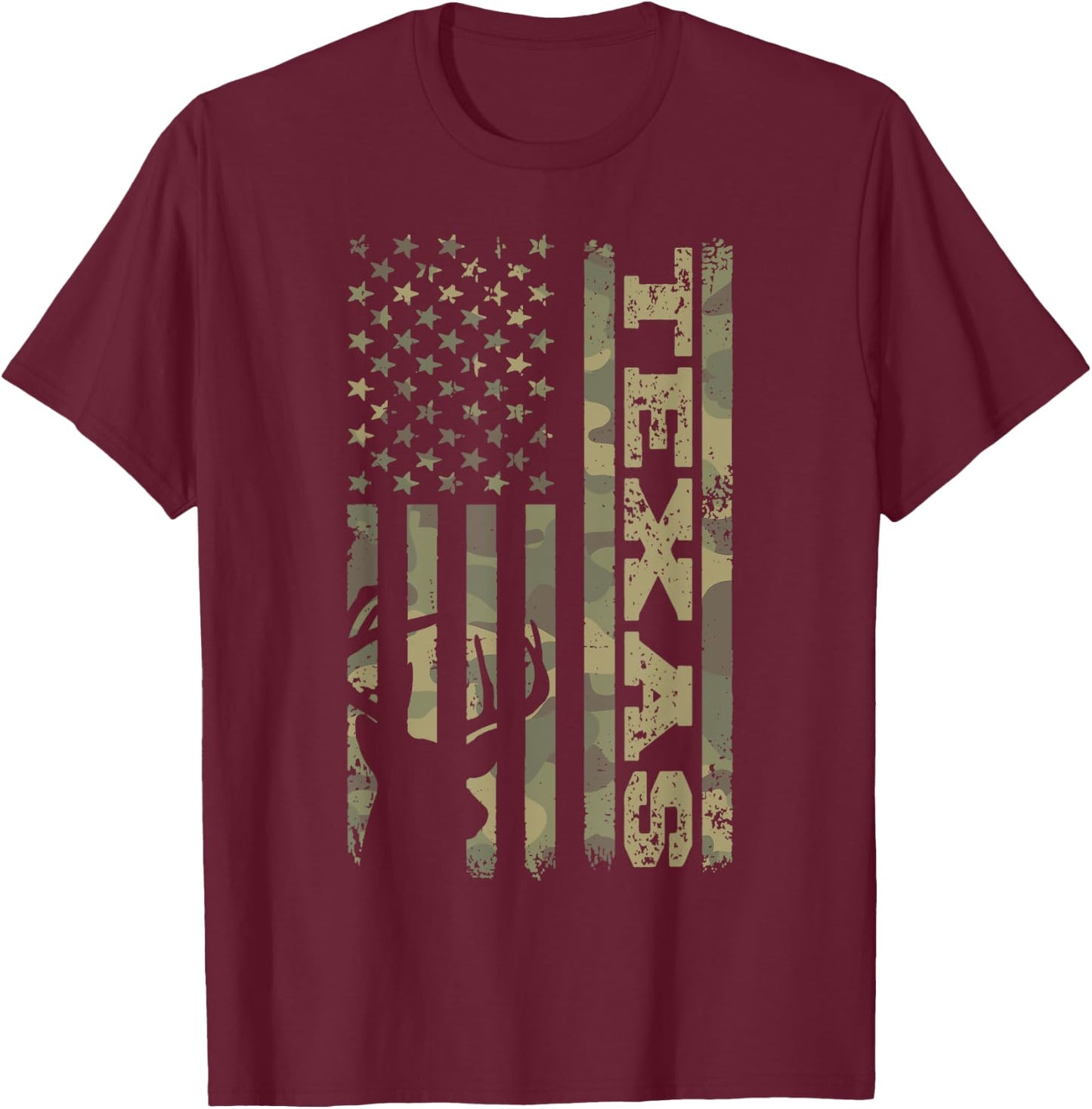Texas Deer Hunter Vintage Deer Hunting Camo USA Flag T-Shirt - T-Shirt | Maroon