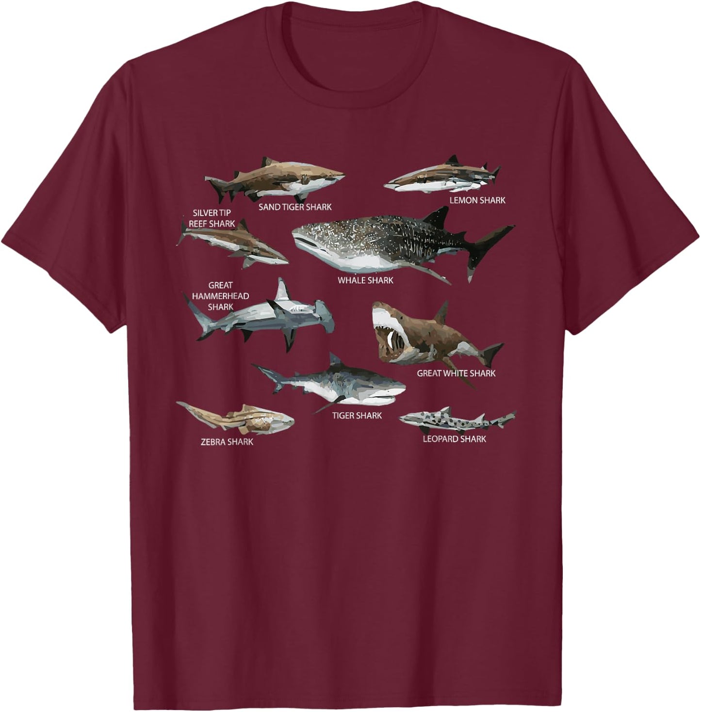 Educational Shark Types Faces Sea Mammals Marine Biologist T-Shirt - T-Shirt | Maroon
