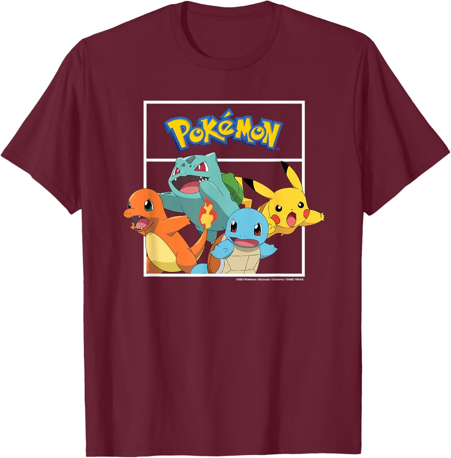 Pokémon - Pikachu Charmander Bulbasaur Squirtle Kanto Group T-Shirt - T-Shirt | Maroon
