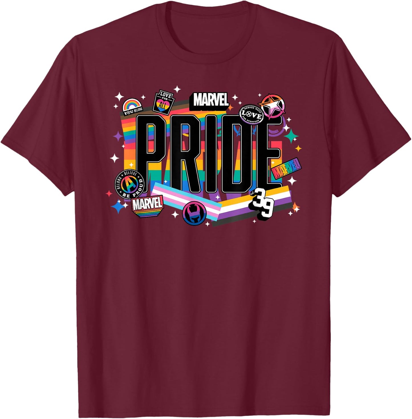 Marvel Pride Rainbow Flags Proud Heroes Stickers Est. ‘39 T-Shirt - T-Shirt | Maroon