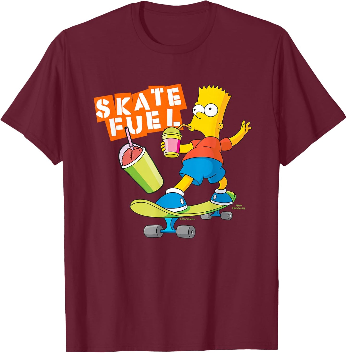 The Simpsons Bart Simpson Skate Fuel Skateboard Squishee T-Shirt - T-Shirt | Maroon