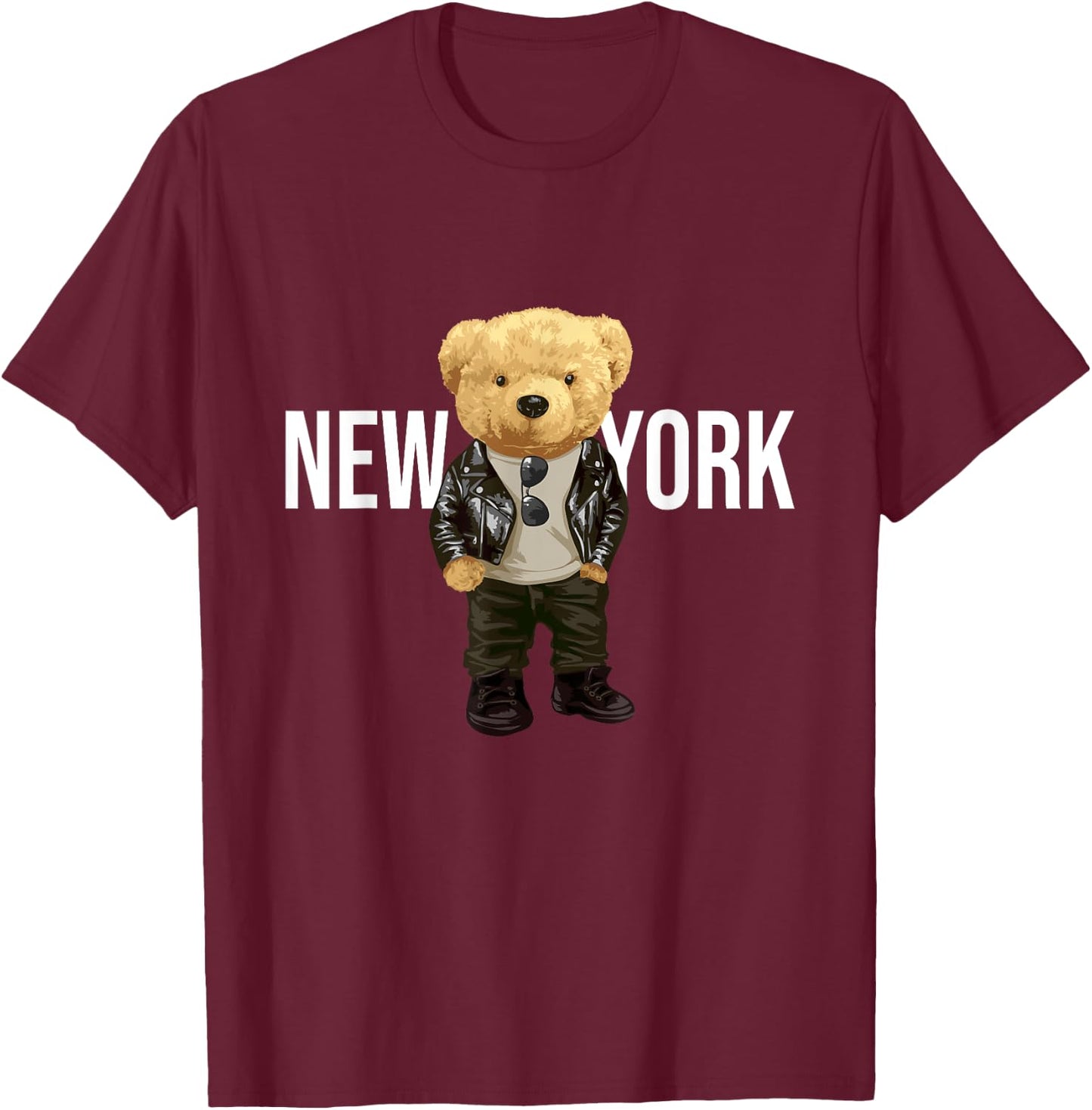 Cool Teddy Bear in New York NYC Illustration Graphic Designs T-Shirt - T-Shirt | Maroon