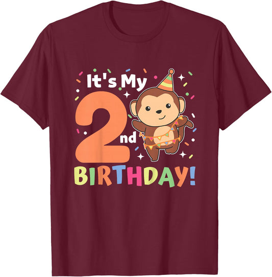 Kids Monkey 2nd Birthday For Kids Two Year Old Monkey T-Shirt - T-Shirt | Maroon