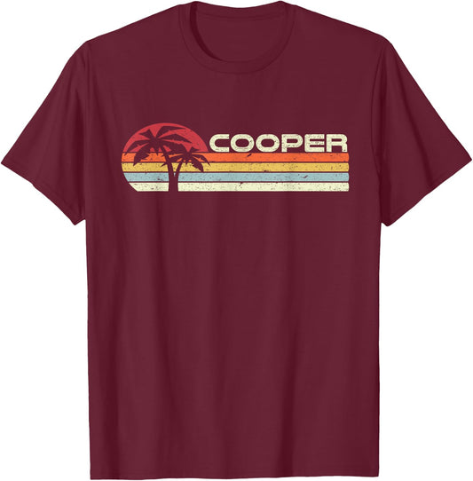 Cooper Surname 80s 90s Vintage Sunset with Palm Trees T-Shirt - T-Shirt | Maroon