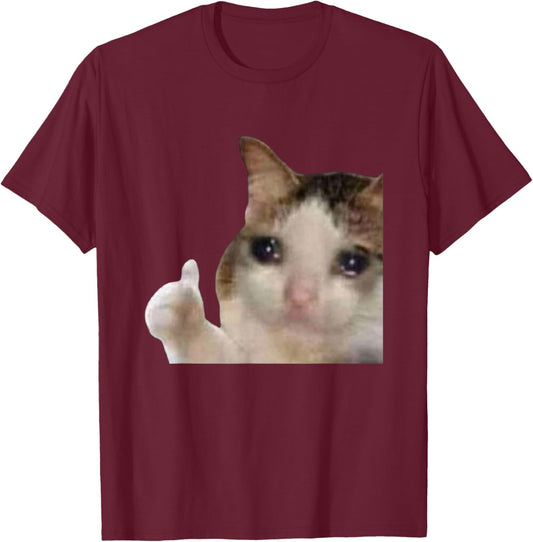 Funny Cute Crying Cat Sad Tears Thumbs Up Meme Gen Z Humor T-Shirt - T-Shirt | Maroon