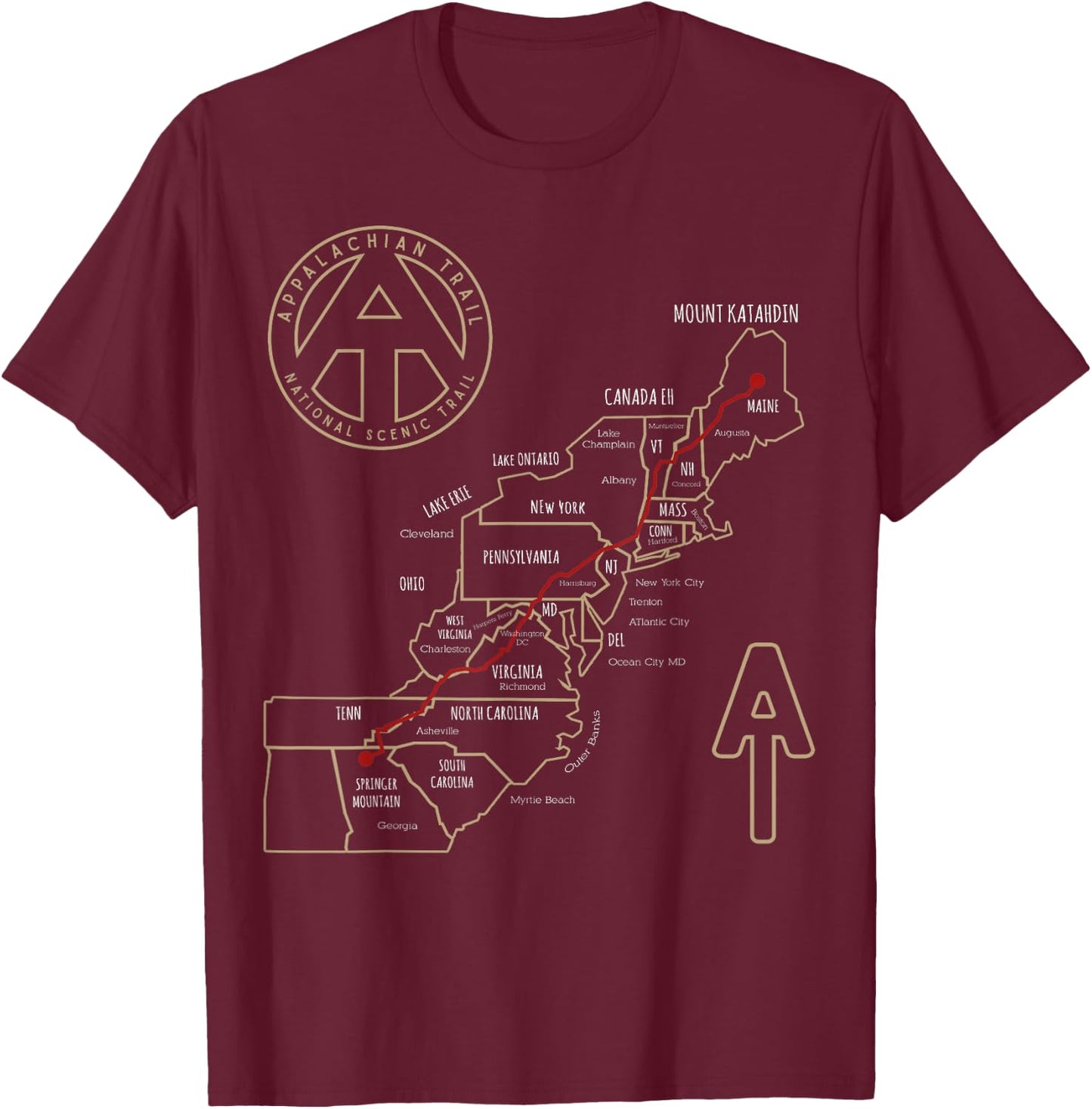 Appalachian Trail Hiking Map, Outdoor Adventure Trailing T-Shirt - T-Shirt | Maroon