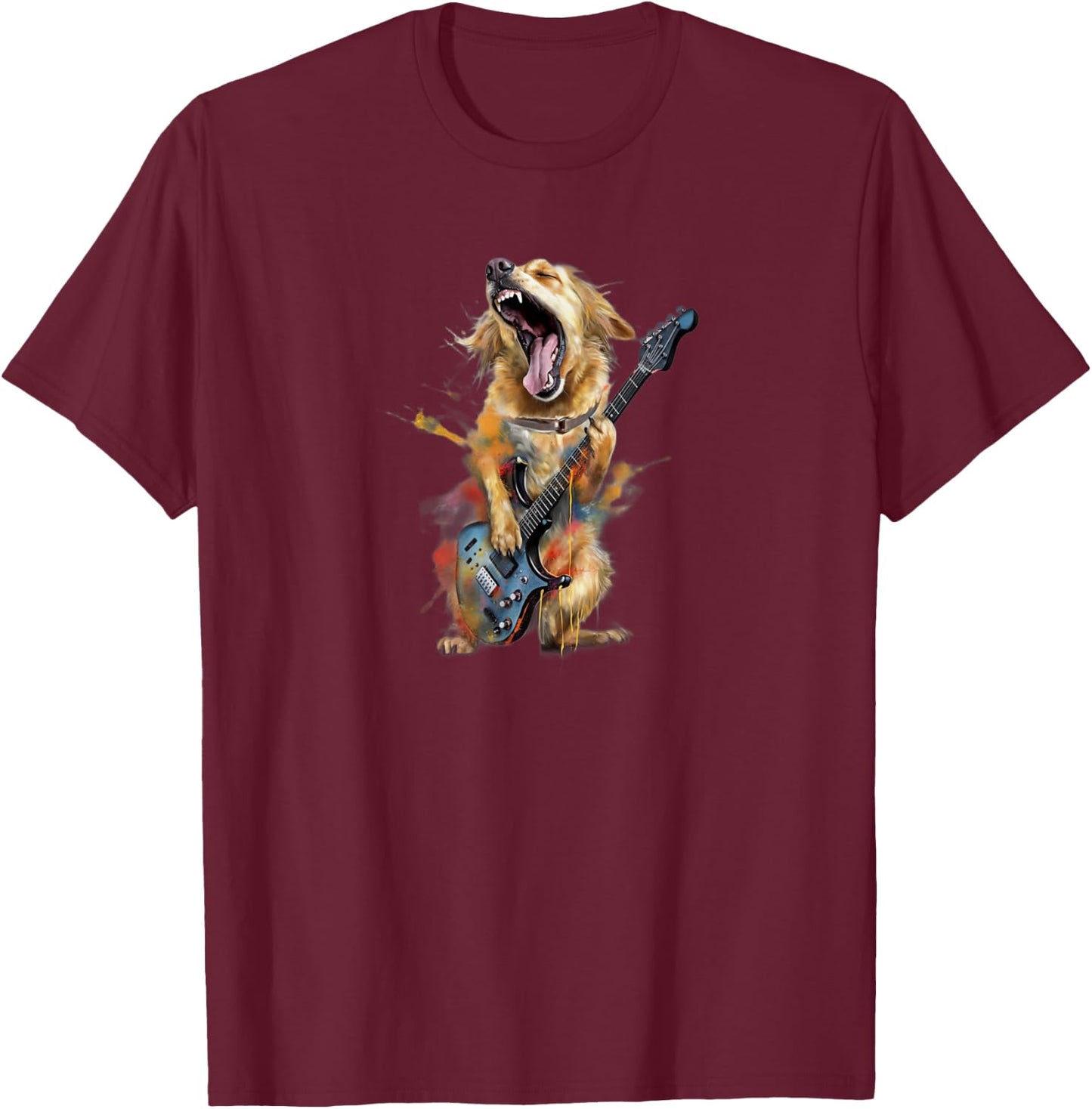 Golden Retriever Dog Playing On Electric Guitar T-Shirt - T-Shirt | Maroon