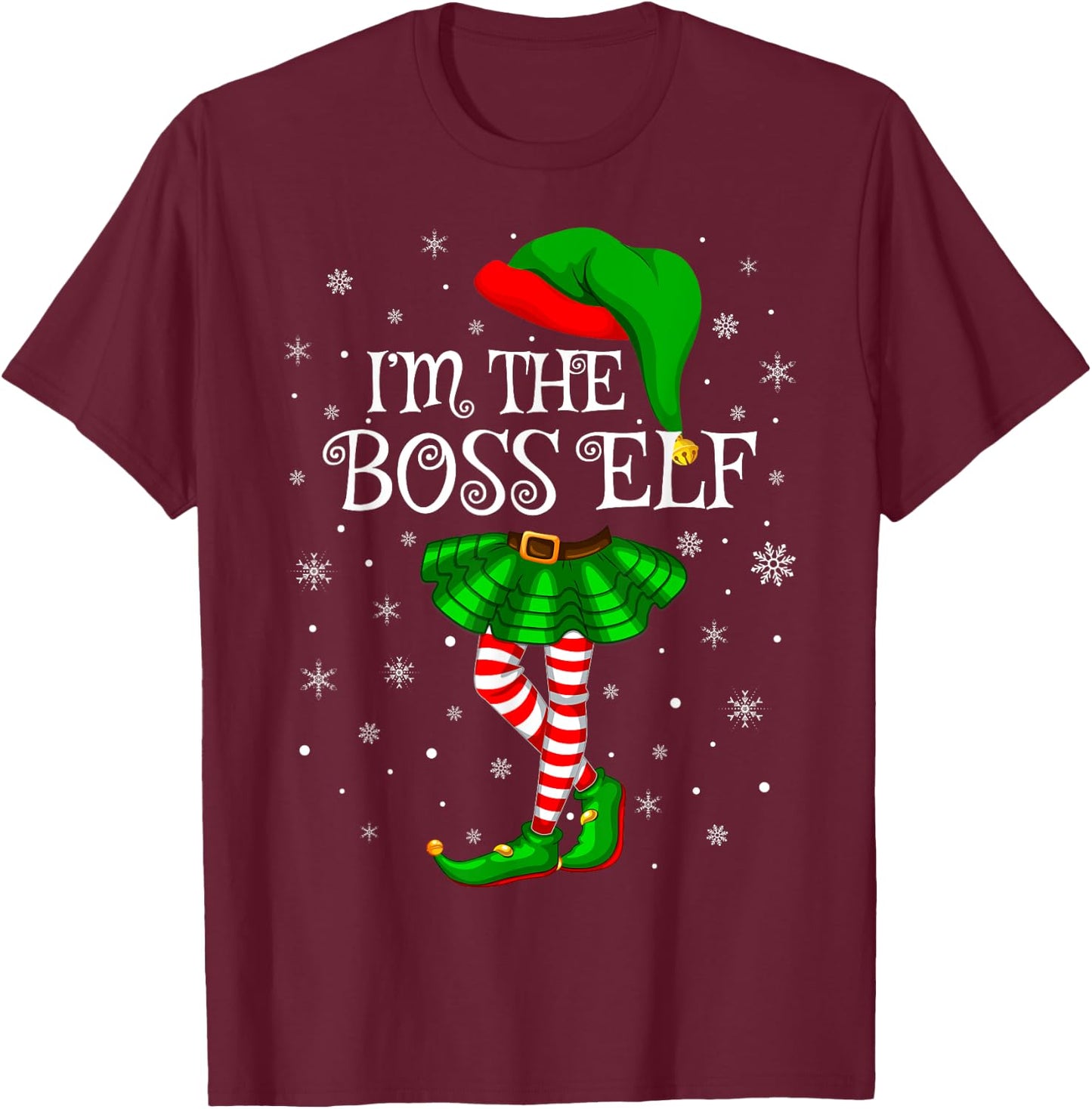 Family Matching Women Girls I'm The Boss Elf Christmas T-Shirt - T-Shirt | Maroon