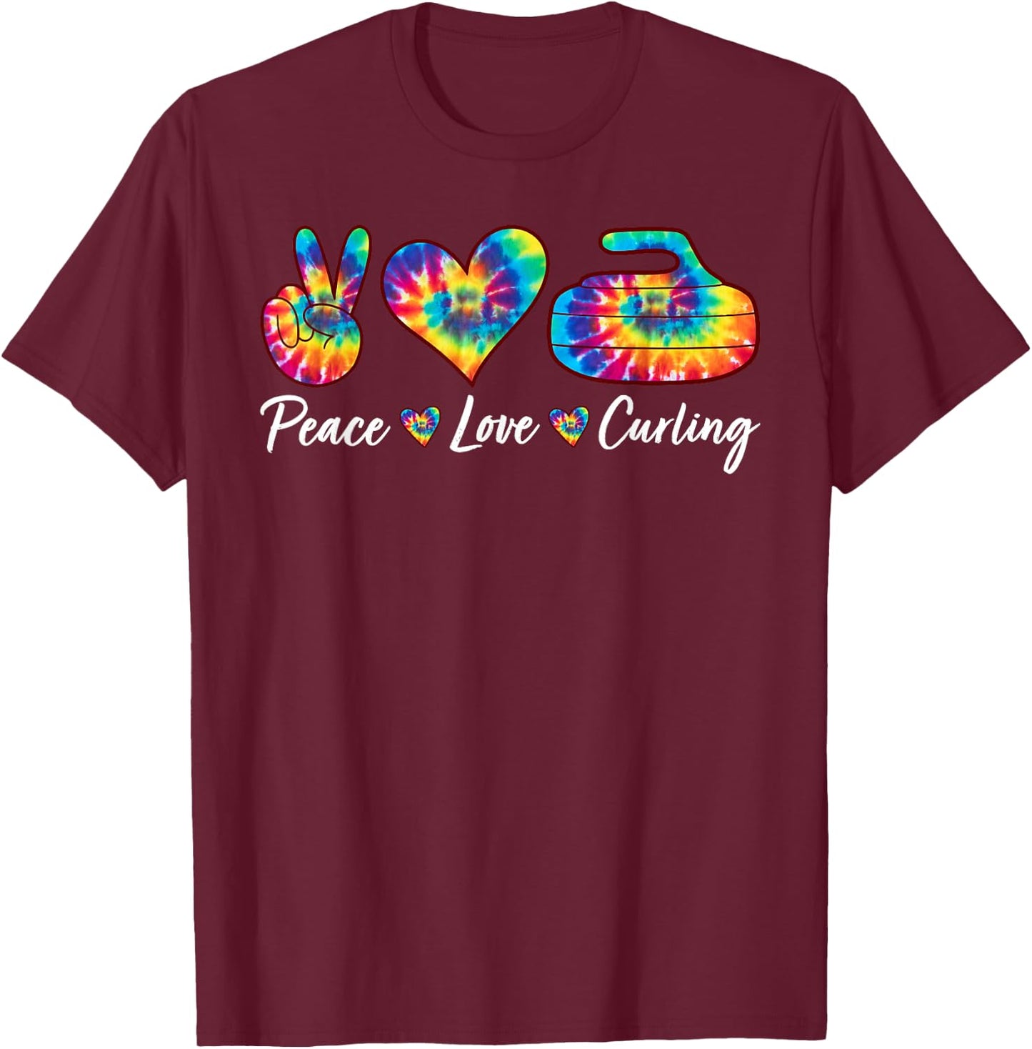 Tie Dye Peace Love Curling Sports Team Game Player T-Shirt - T-Shirt | Maroon