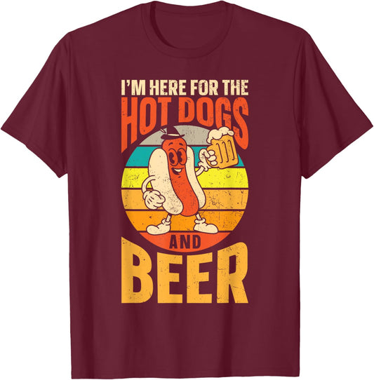 Hot Dog Adult Beer Retro I'm Here For The Hot Dogs And Beer T-Shirt - T-Shirt | Maroon