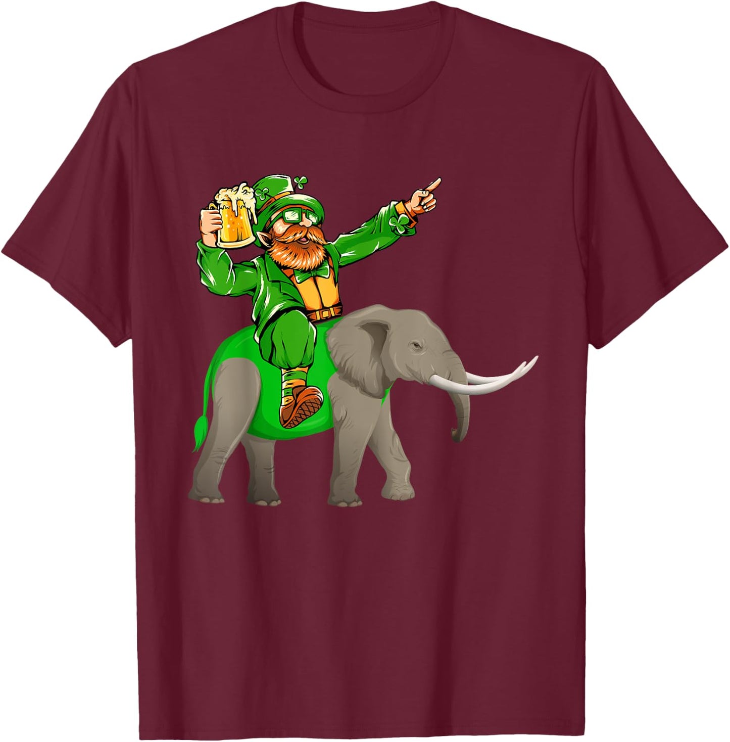 St. Patrick's Day Man Riding Elephant Funny Drinking Beer T-Shirt - T-Shirt | Maroon