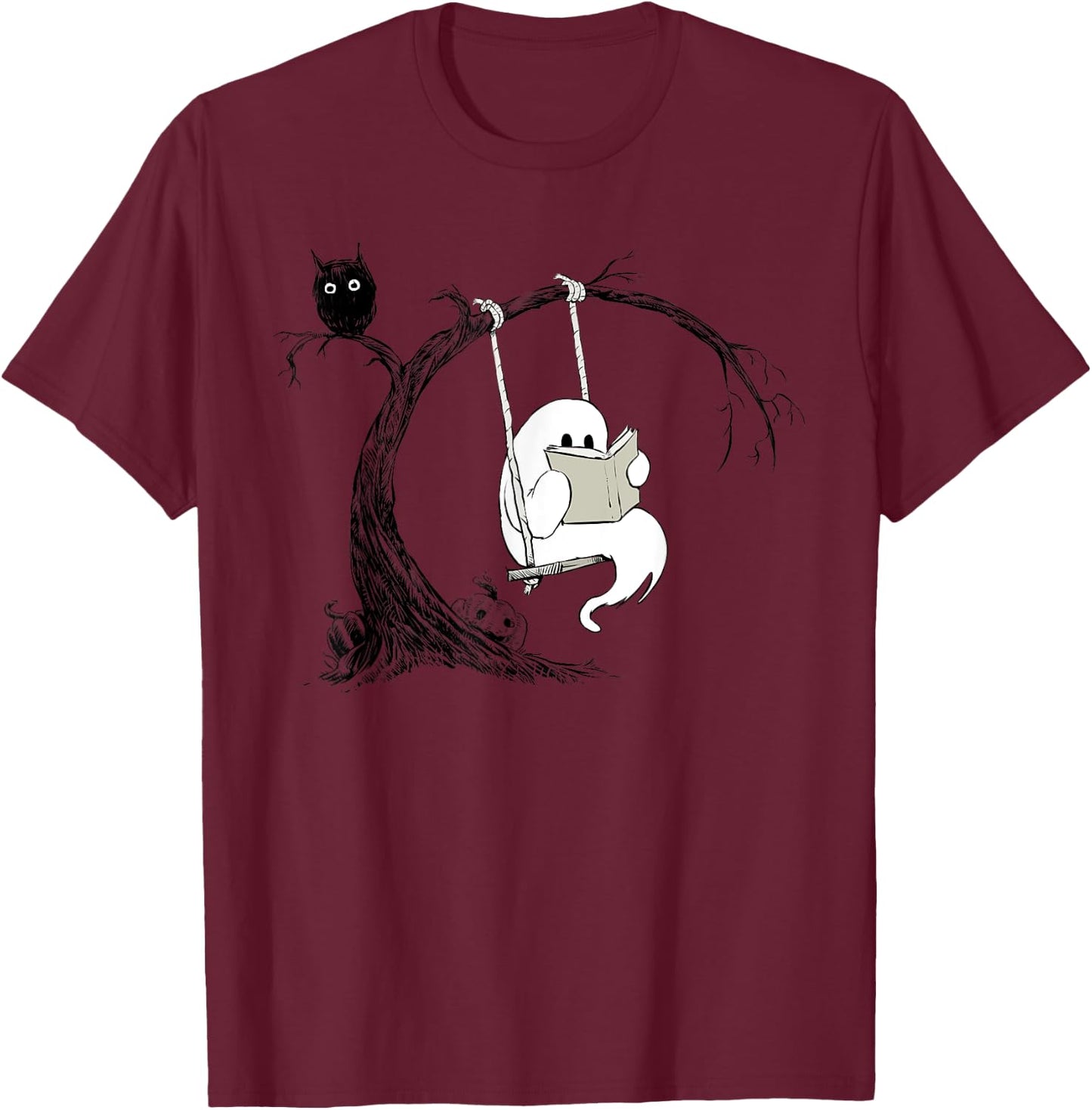 Cute Ghost swinging reading book Halloween ghost costume T-Shirt - T-Shirt | Maroon