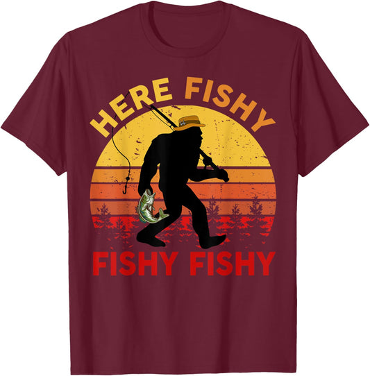 Here-Fishy Sasquatch Funny Bass Dad Toddler Bigfoot Fishing T-Shirt - T-Shirt | Maroon