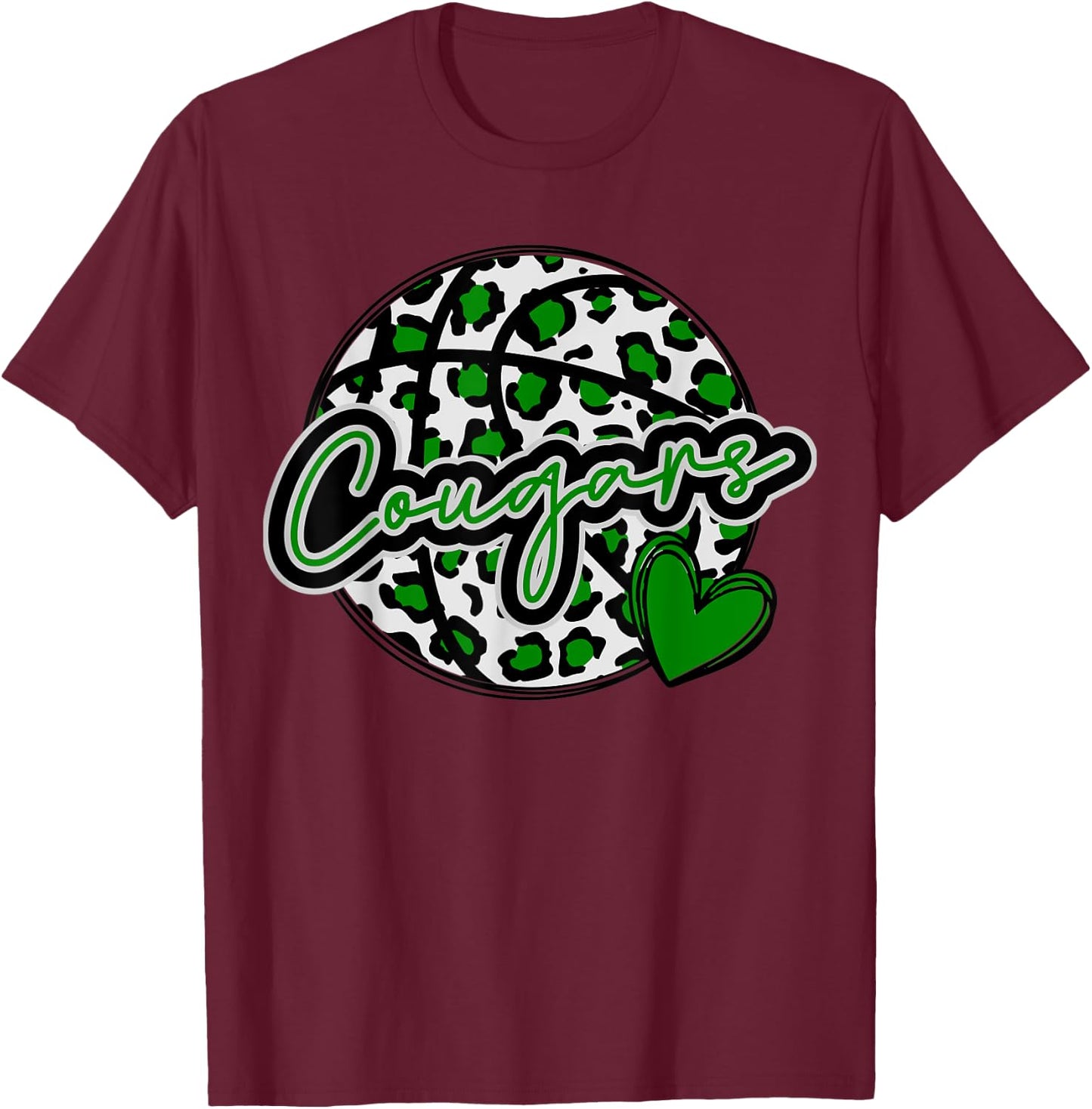 Leopard Cheetah Basketball COUGARS Green Spirit Game T-Shirt - T-Shirt | Maroon